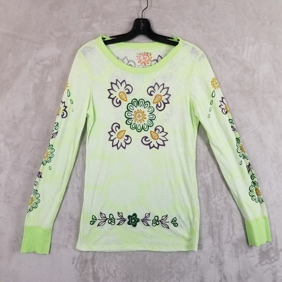 Free People Tops - Free People Top Women L Green Burnout Floral Printed Lounge Long Sleeve Boho Tee
